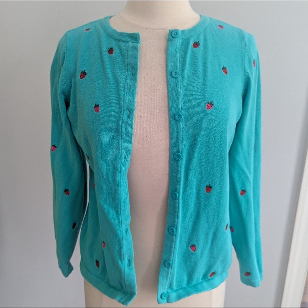 Women's Christopher And Banks Teal Cardigan with Strawberry Embroidery Small